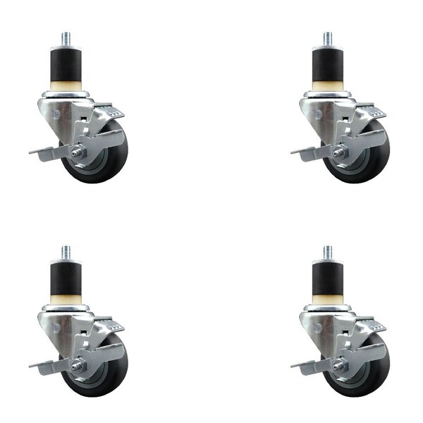 3'' Thermoplastic Rubber Swivel 1-7/8'' Expanding Stem Caster Set with Brake, 4PK